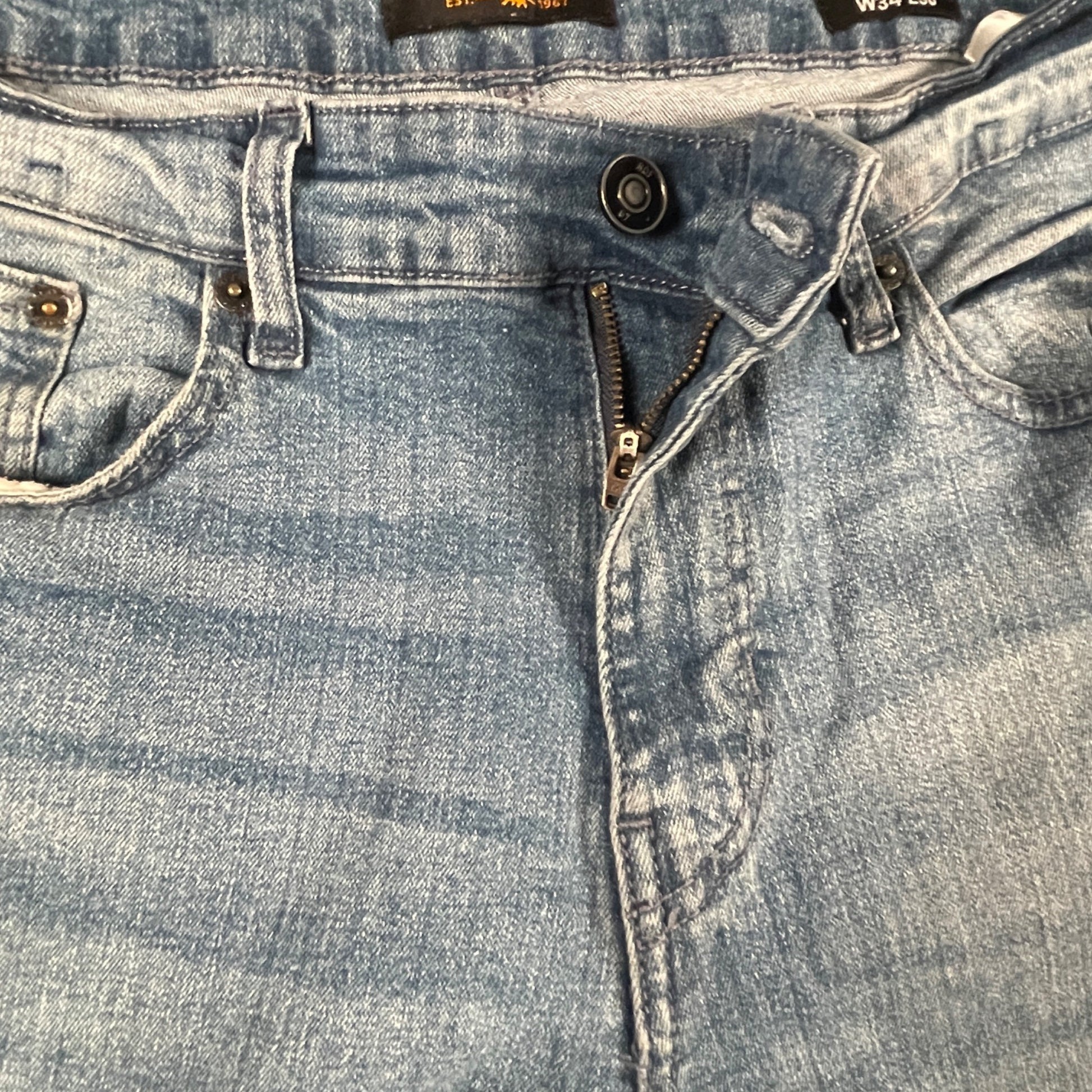 Jeans Size 34x30 Ring Of Fire Men's Slim Fit Distressed Blue Denim - Voodoo Jewelers