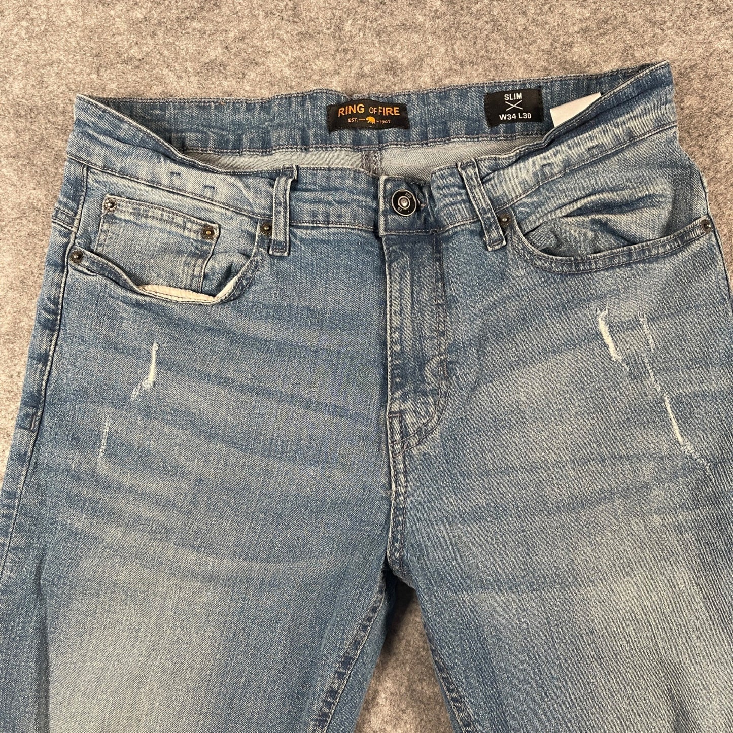 Jeans Size 34x30 Ring Of Fire Men's Slim Fit Distressed Blue Denim - Voodoo Jewelers