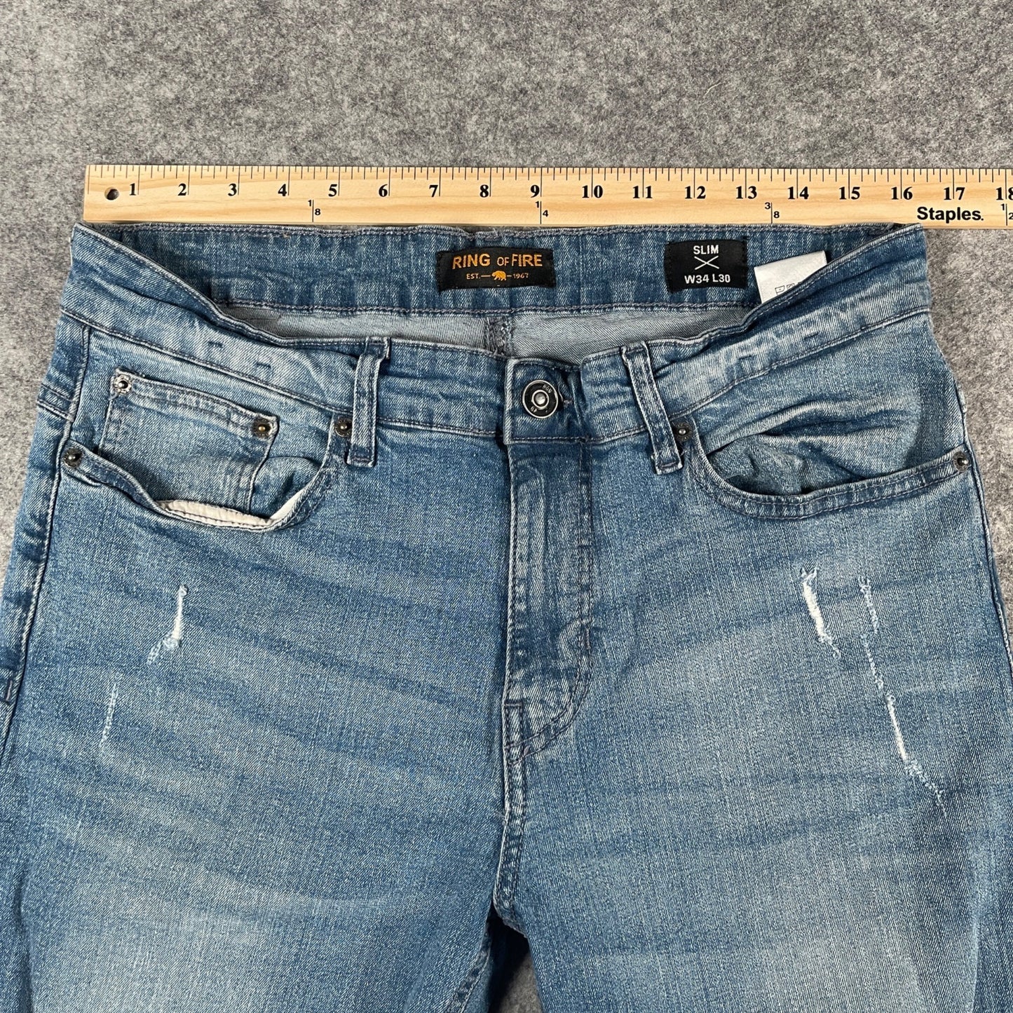 Jeans Size 34x30 Ring Of Fire Men's Slim Fit Distressed Blue Denim - Voodoo Jewelers