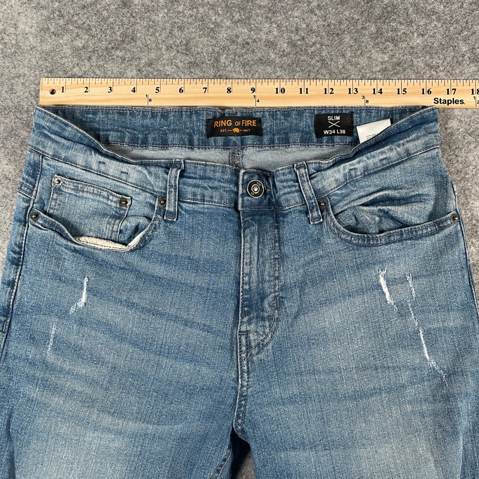 Jeans Size 34x30 Ring Of Fire Men's Slim Fit Distressed Blue Denim - Voodoo Jewelers