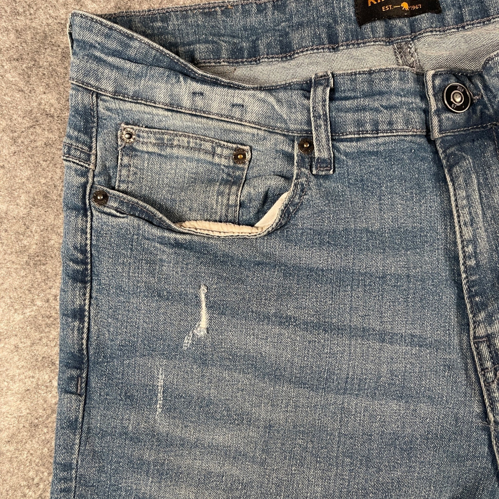 Jeans Size 34x30 Ring Of Fire Men's Slim Fit Distressed Blue Denim - Voodoo Jewelers