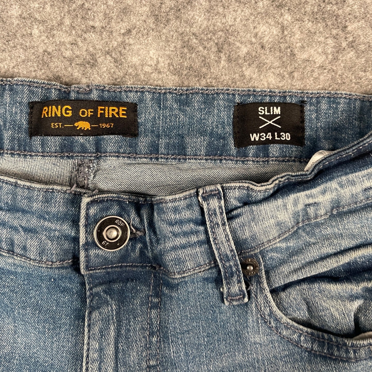 Jeans Size 34x30 Ring Of Fire Men's Slim Fit Distressed Blue Denim - Voodoo Jewelers