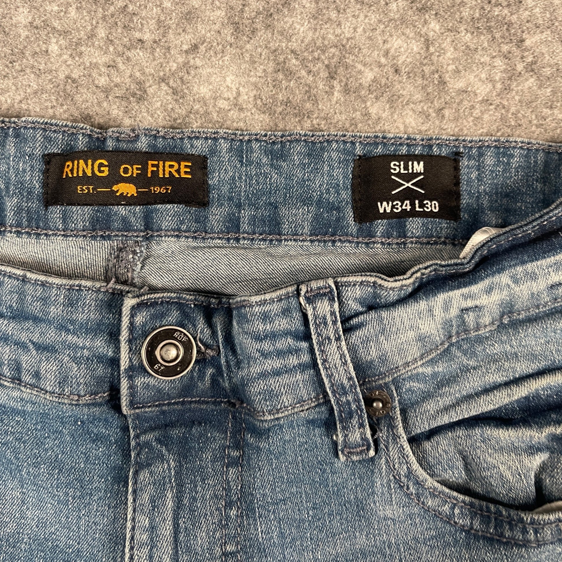 Jeans Size 34x30 Ring Of Fire Men's Slim Fit Distressed Blue Denim - Voodoo Jewelers