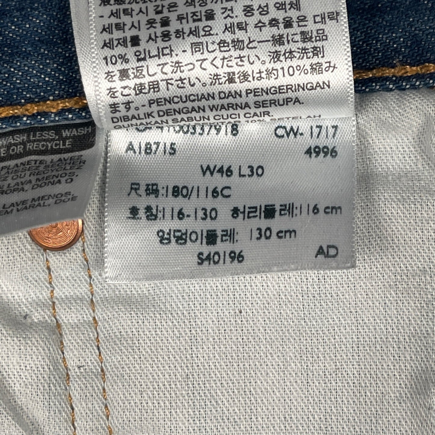 Levi's Men's 501 Straight Leg Jeans W46 L30 Classic Button Fly Denim Blue - Voodoo Jewelers