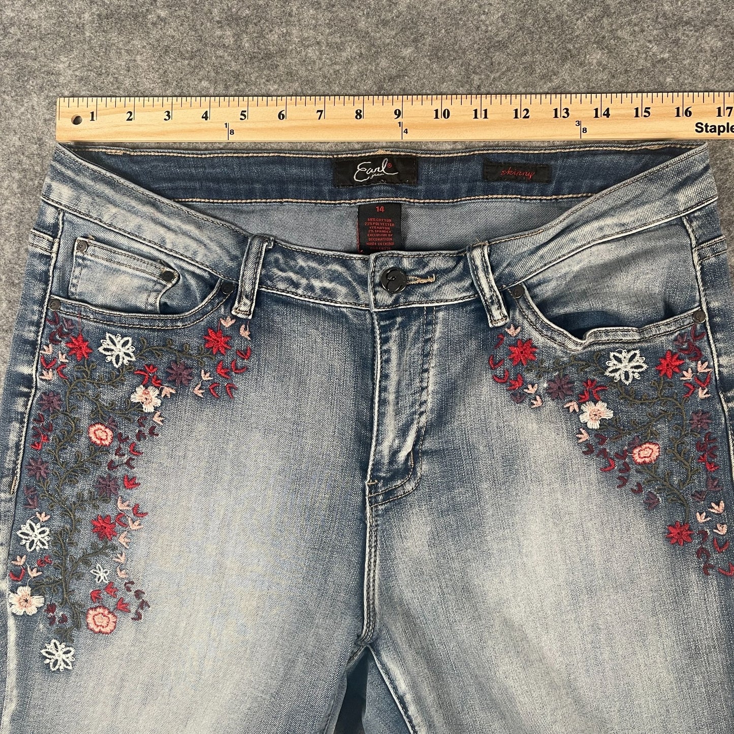 Women's Jeans Size 14 Embroidered Skinny Floral Light Earl Denim Casual Wear - Voodoo Jewelers