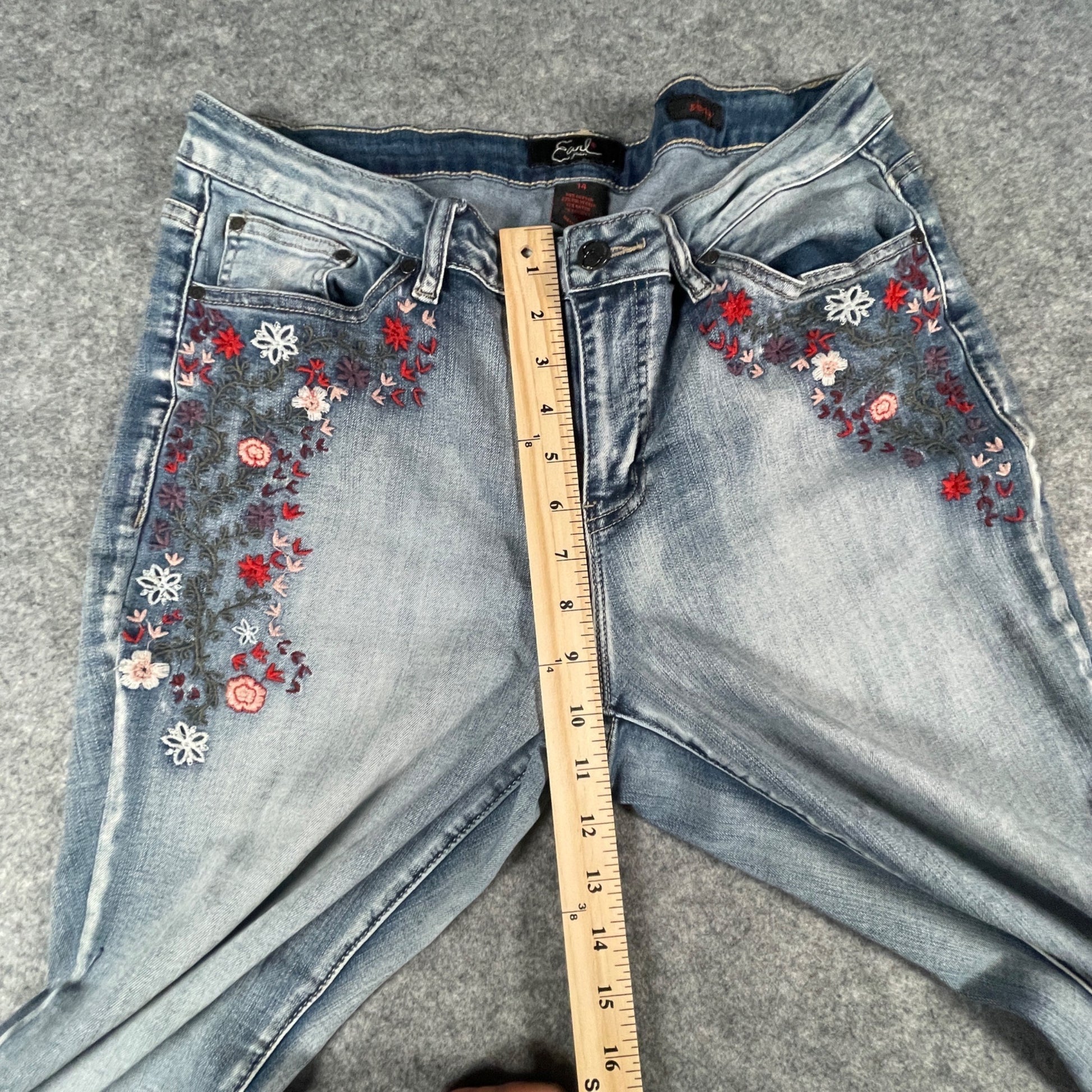 Women's Jeans Size 14 Embroidered Skinny Floral Light Earl Denim Casual Wear - Voodoo Jewelers